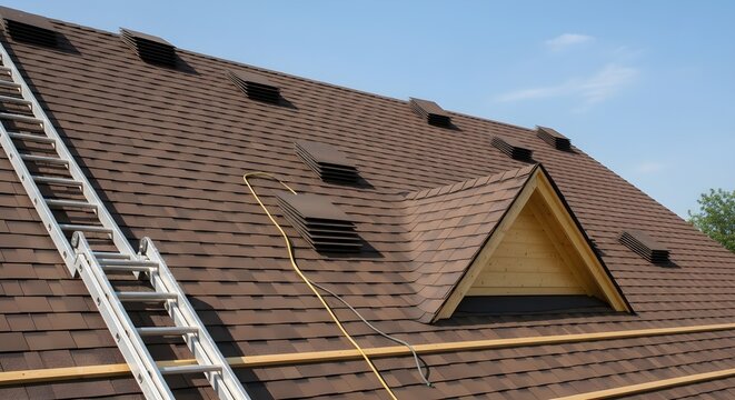 Roofing construction with asphalt shingles, dormer window, and ladder for repair or installation against blue sky