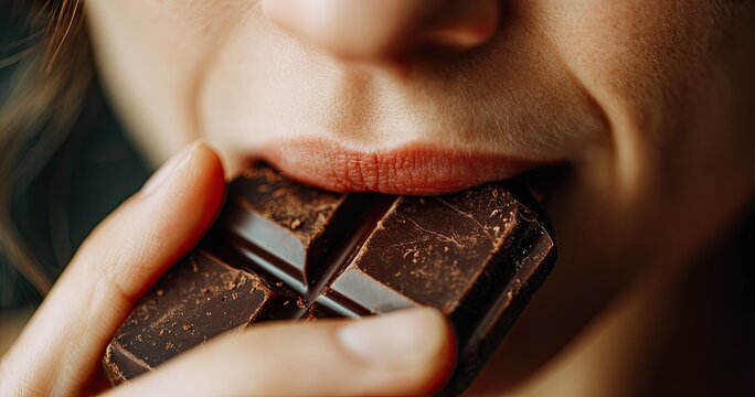 Indulgent close-up human mouth biting into a dark chocolate bar, rich texture visible