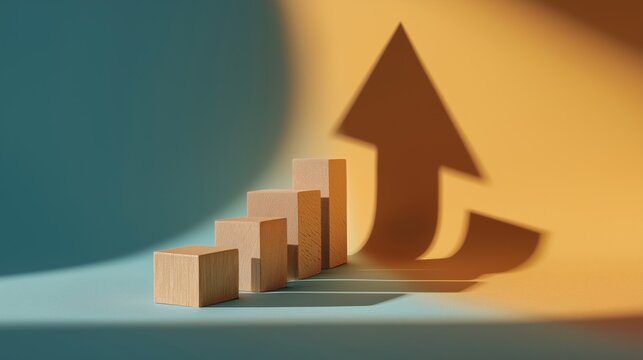 business performance growth and progress concept, wooden blocks increasing step by step with upward arrow shadow representing development, profit and success strategy background with copy space
