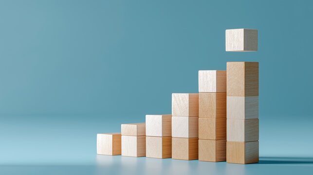 business growth opportunity and missed step background with copy space, rising wooden blocks chart with gap and floating block showing risk, decision making and strategy planning