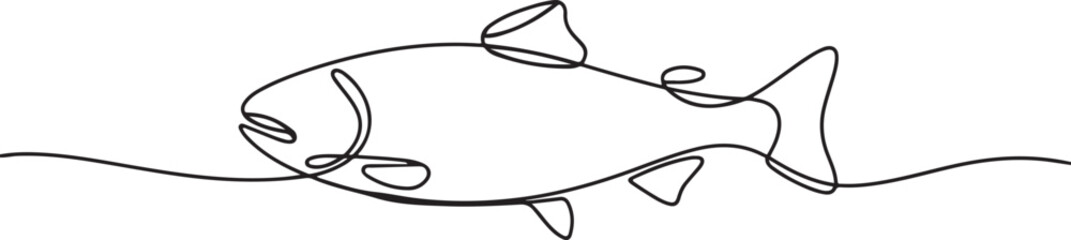 Fototapeta premium Fresh salmon fish in continuous line art drawing isolated on white background. Fresh food concept, Monoline Fishing Symbol. one line Icon drawing