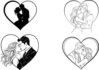 Fototapeta premium Romantic Couple in Heart Icon Set Featuring Kissing and Embracing Couples for Love and Wedding-themed Designs