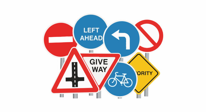 Assortment of road signs including give way, left turn, and no entry