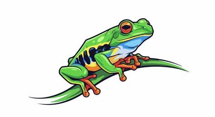 Fototapeta premium Brightly colored frog with large orange eyes sits on a green leaf