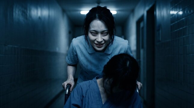 ホラーや怪談の映画素材に最適。狂気を感じる幽霊のような青白い顔で、車椅子の患者を運ぶ不気味な笑みの日本人女性看護師