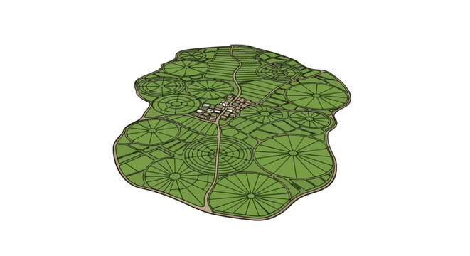 Aerial view of a planned agricultural village with circular fields and pathways