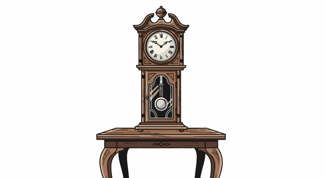 Antique grandfather clock with pendulum displayed on a wooden table