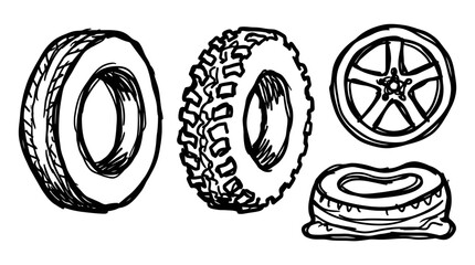 Black and White Hand-drawn Line Art of Four Tires and a Car Wheel, Automotive Concept © Wagiman Studio