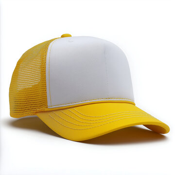 Yellow trucker hat white front panel mesh cap design clean minimal front view