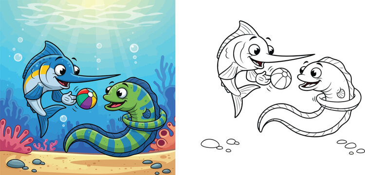 Cute cartoon blue marlin swordfish and green moray eel playing with a colorful beach ball underwater. Ocean life vector illustration.