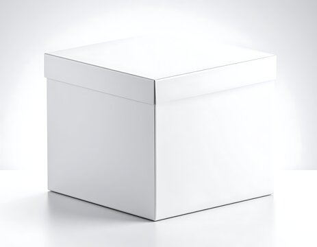 A square, white box with a slightly raised lid, set against a bright white gradient backdrop. The box is evenly lit