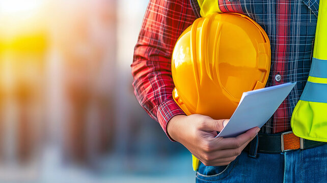 Safety inspector helmet construction worker holding document outdoor sunlight background