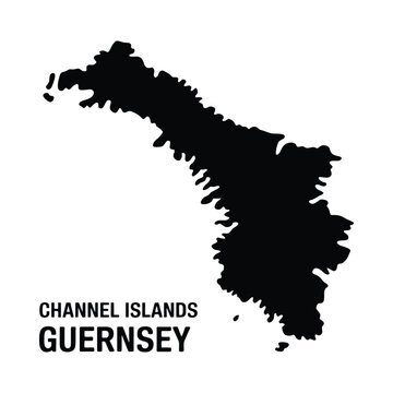 A stark black silhouette depicts the island of Guernsey part of the Channel Islands archipelago