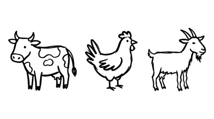 Obraz premium Black and White Line Art Farm Animals: Cow, Chicken, Goat