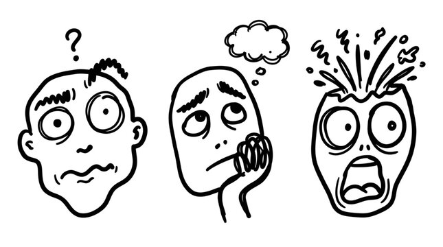 Black and white line art of confused, thinking, and exploding heads, representing stress and mental overload