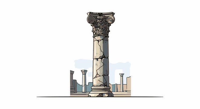 Ancient stone column with ornate capital stands amidst ruins and weathered structures