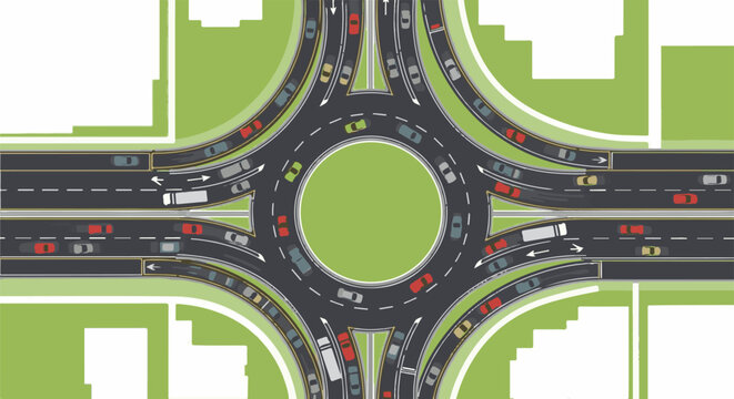 Aerial view of busy multi-lane traffic circle with numerous cars and green grass