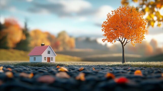 Miniature house autumn landscape tree outdoor real estate settlement visual minimalist