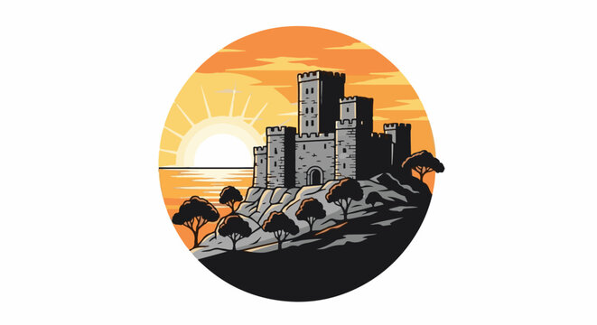 Ancient stone fortress atop rocky cliff overlooking sea at sunset