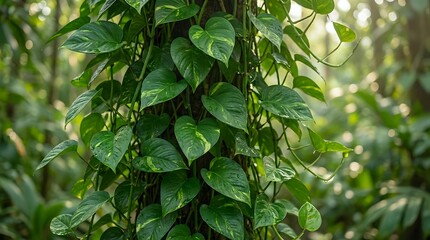 Obraz premium Lush green pothos vine climbing up tree trunk in tropical forest setting with dense foliage creating natural jungle atmosphere for botanical decor.