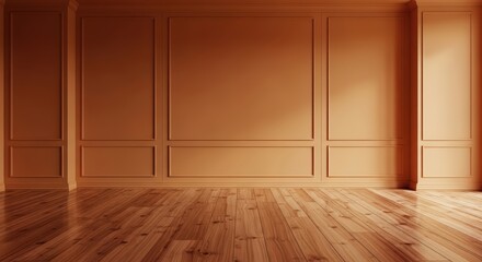 Naklejka premium Warm Sunlight Illuminates Paneled Walls and Polished Wooden Floor in an Empty Room