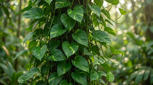 Lush green pothos vine climbing up tree trunk in tropical forest setting with dense foliage creating natural jungle atmosphere for botanical decor.