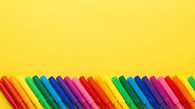 Row of colorful school markers at the bottom on yellow background with ample copy space for text