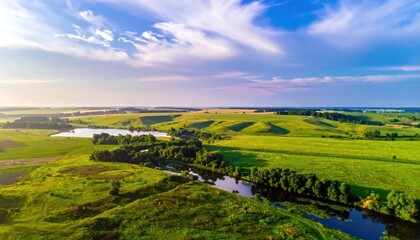 Fototapeta premium Serene Aerial Landscape with River and Hills.
