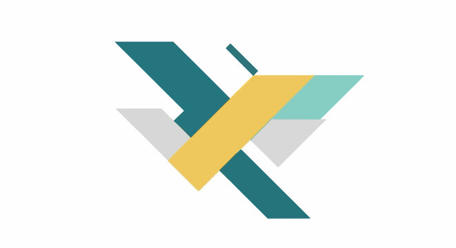 Abstract geometric shapes forming an interlocking design with teal, yellow, gray, and cyan