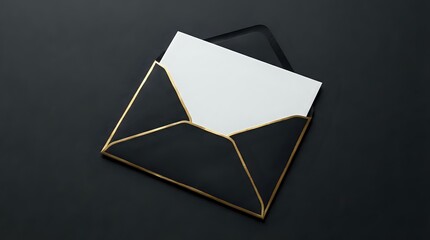 Fototapeta premium Elegant black envelope with gold edges containing white blank card on dark background for luxury correspondence and invitation design.