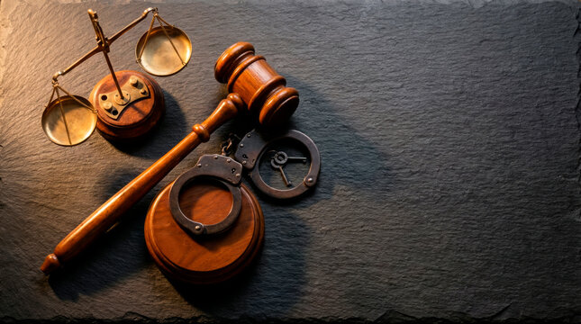 A gavel rests beside a pair of scales and handcuffs on a dark stone surface. These tools represent the legal system and concepts of justice and law enforcement