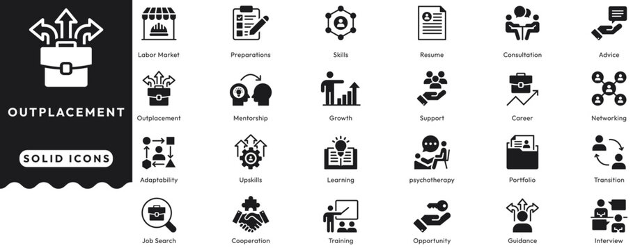 Outplacement icon set contains labor market, preparation, skills, resume, consult, advice, mentorship, growth, support, career, networking, adaptability, learning. Solid icons vector illustration