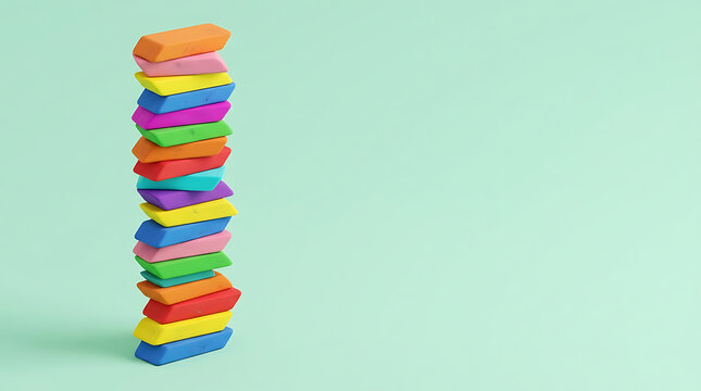 Tall vertical stack of multicolored small erasers on pastel green background for school supply marketing