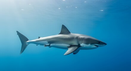 Naklejka premium Shark swimming underwater in blue ocean with clear visibility