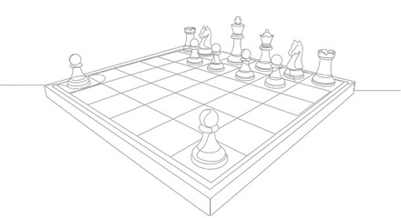 Chessboard with outline of pieces, strategic game concept © Azizi