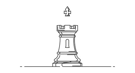 Minimalist chess rook with stylized crown above, black and white line art, strategic concept © Azizi
