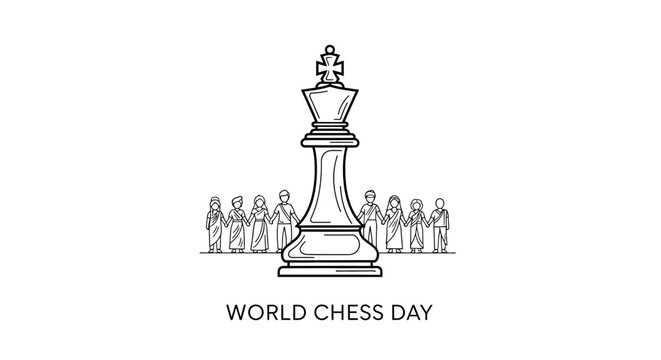 World Chess Day King Silhouette with Crowd Outline