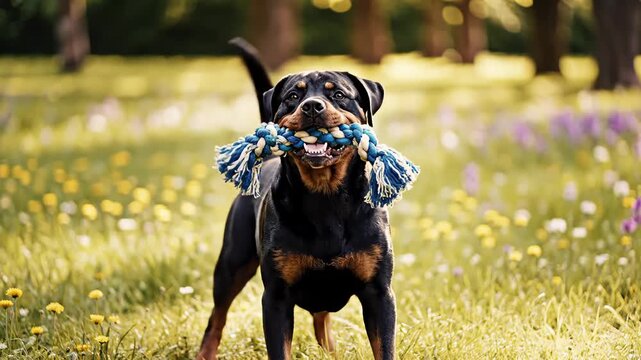 Joyful Rottweiler Holding a Rope Toy in a Sunny Field, Outdoors