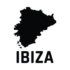 Obraz premium A stark black silhouette of the island of Ibiza is displayed above its name in bold lettering
