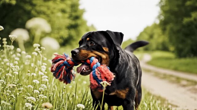 Happy Rottweiler Dog Playing With Rope Toy in a Sunny Summer Field