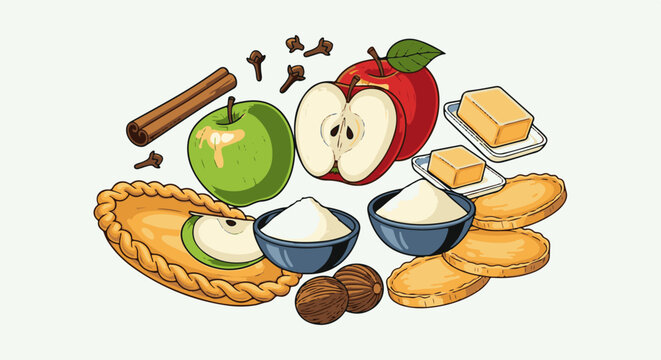 Assorted ingredients for baking including apples, pie crusts, and spices