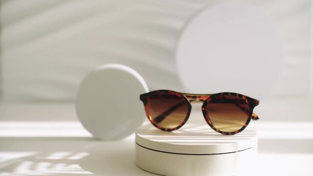 Trendy eyewear display with stylish sunglasses for fashion catalog and advertising,  retail presentation,  luxury eyewear collection sale