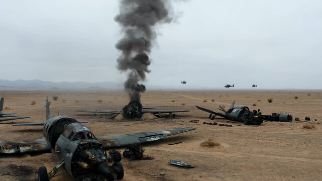 Wrecked military aircraft sit in a desolate desert landscape. Smoke rises from a crashed plane after a heavy conflict during a major military operation abroad.