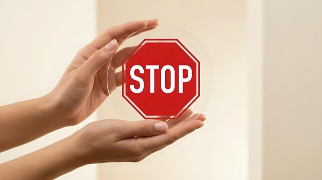 Protective hands holding red stop sign symbol representing safety, prevention, warning and control concepts for business and personal security.