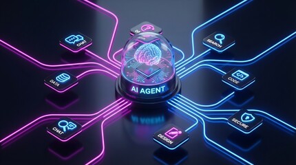 AI agentic workflow automation artificial intelligence agent software interface nodes triggers data tool dashboard coding icon flow process database technology 3d rendering. © BusTech