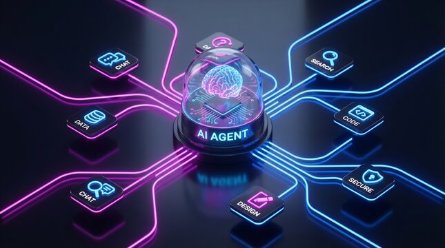AI agentic workflow automation artificial intelligence agent software interface nodes triggers data tool dashboard coding icon flow process database technology 3d rendering.