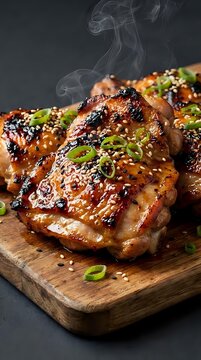 Grilled chicken thighs with teriyaki glaze, sesame seeds and green onions on wooden cutting board with steam rising from hot meat for cooking concepts.