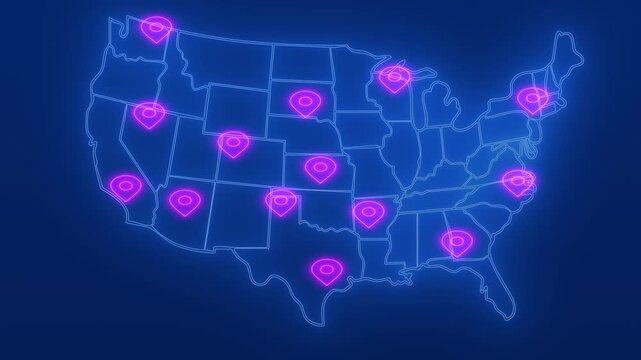 A neon map of the United States featuring glowing location pins across major cities. The vibrant pink and blue tones create a modern visual representing travel, data points, and nationwide connectivit