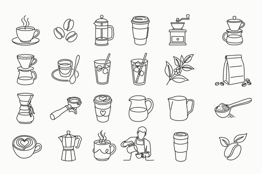 Large set of coffee line icons including cups, beans, grinder, espresso machine, moka pot, barista and brewing tools. Minimal outline style perfect for cafe, restaurant, menu and coffee branding