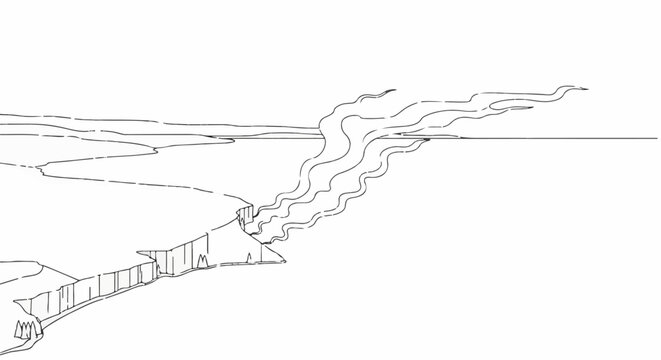 Aerial view of a coastline with a plume of smoke billowing over the ocean